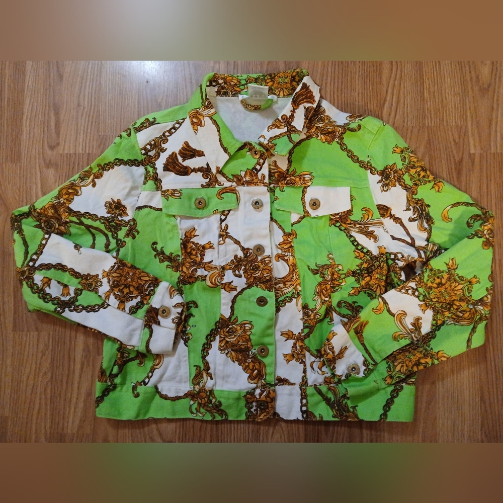 K. JORDAN Designer Artsy Jacket.  Womens.  Size Large.  Green, White, Gold.